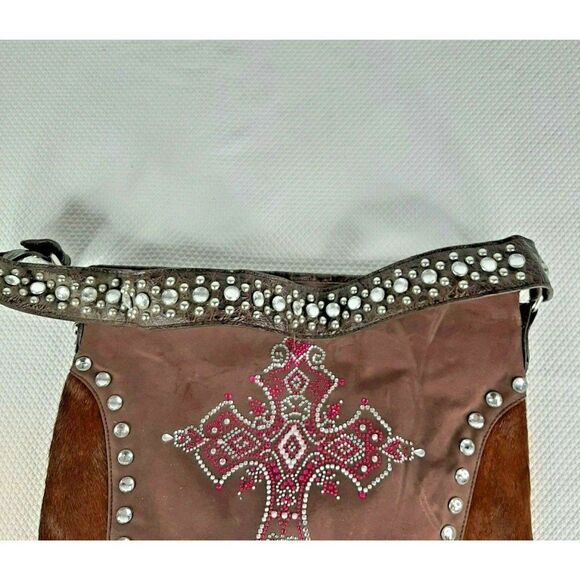 New BHW Shoulder Bag Purse Brown Bling Pink Cross Suede Calf Hair Western - Picture 4 of 6
